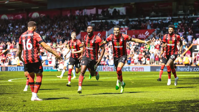 AFC Bournemouth celebration Marcus Travernier, Adam Smith, Jefferson Lerma, Dominic Solanke, and Philip Billing